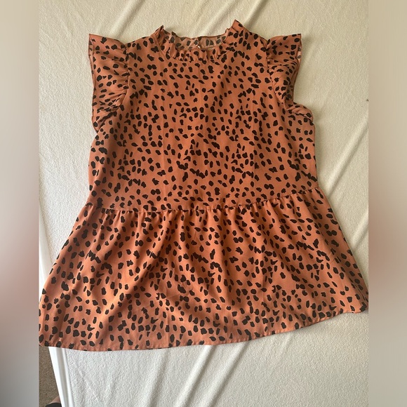 Casual Animal print top with Cap Sleeve Ruffle Neck Loose Babydoll blouse - Picture 4 of 6